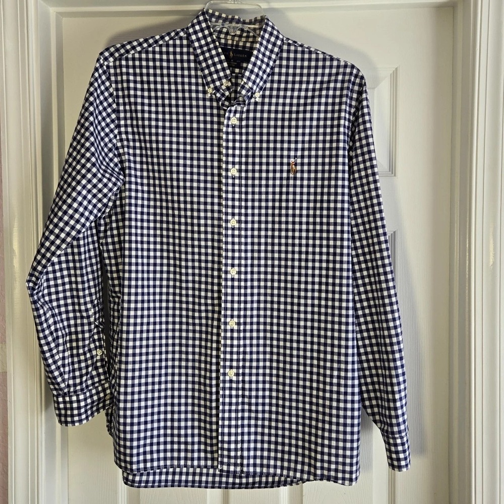 Polo Ralph Lauren Blue Gingham Check Men Size L 100% Cotton Stretch Button Down
